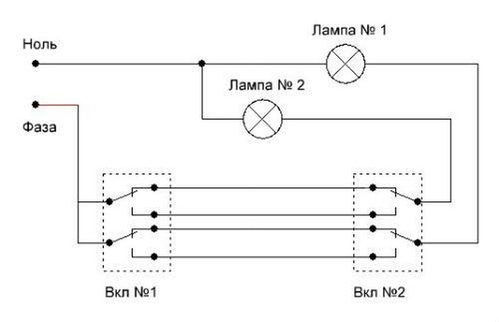 Схема подключения проходного выключателя на две лампочки. Схема подключения 2х клавишного проходного выключателя. Проходные выключатели на 2 лампочки схема подключения. Схема проходного выключателя с 2 клавишами на две лампочки. Проходной 2х клавишный выключатель схема подключения на 2 точки.
