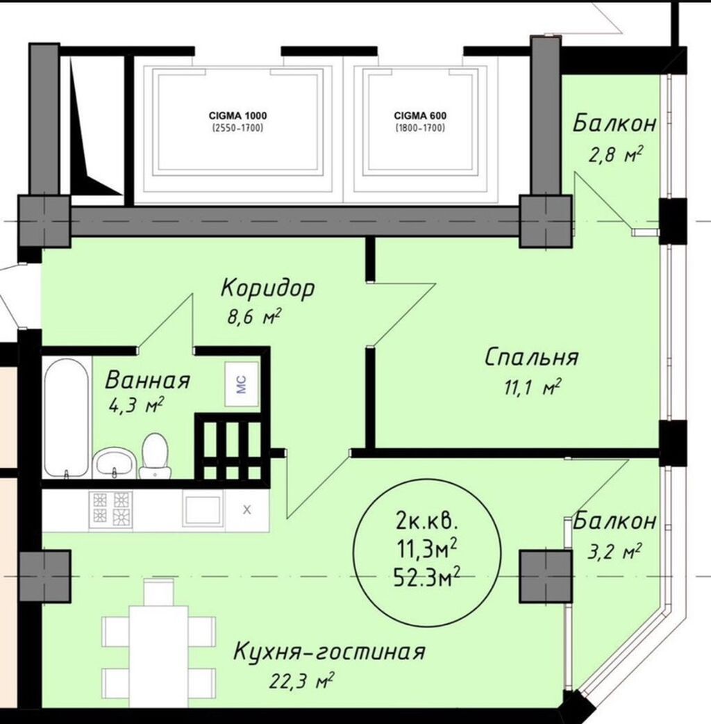 2 комнаты, 53 м², Индивидуалка, 9 этаж, Готовая ПСО (под самоотделку): фото 3