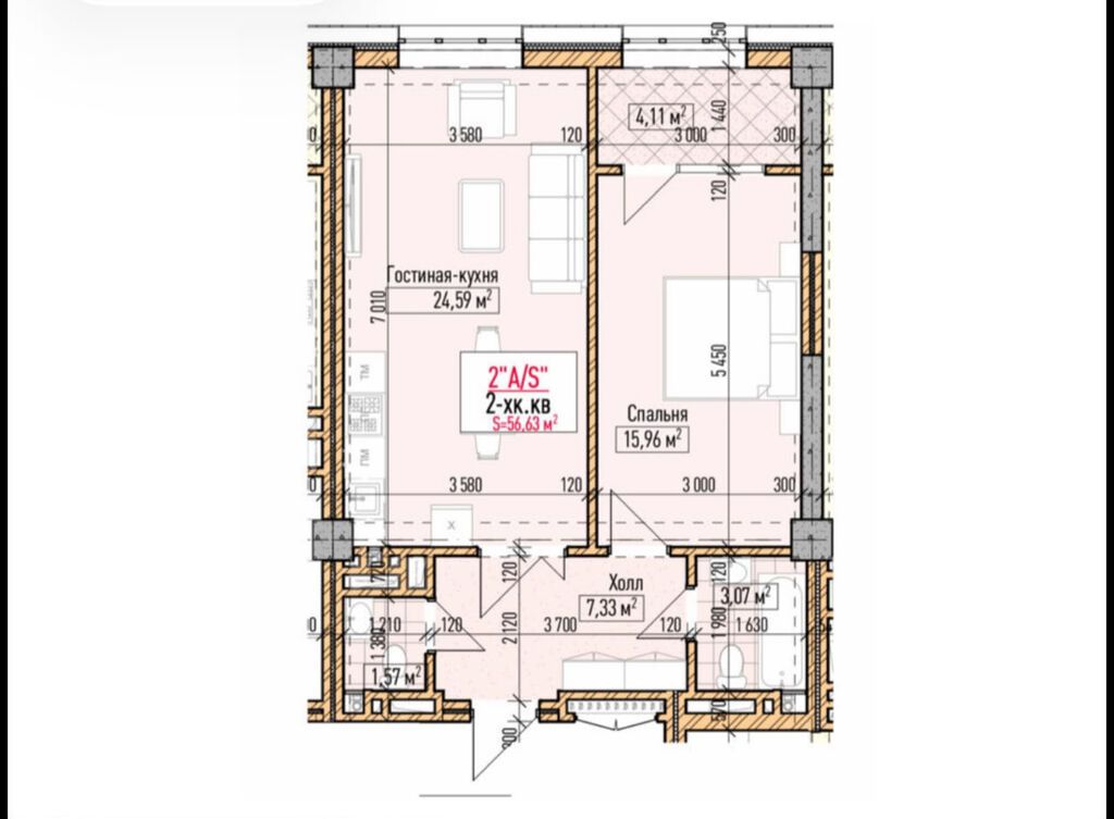 2 комнаты, 57 м², Асанбай мкр Элитка, 3 этаж, ПСО (под самоотделку): фото 5