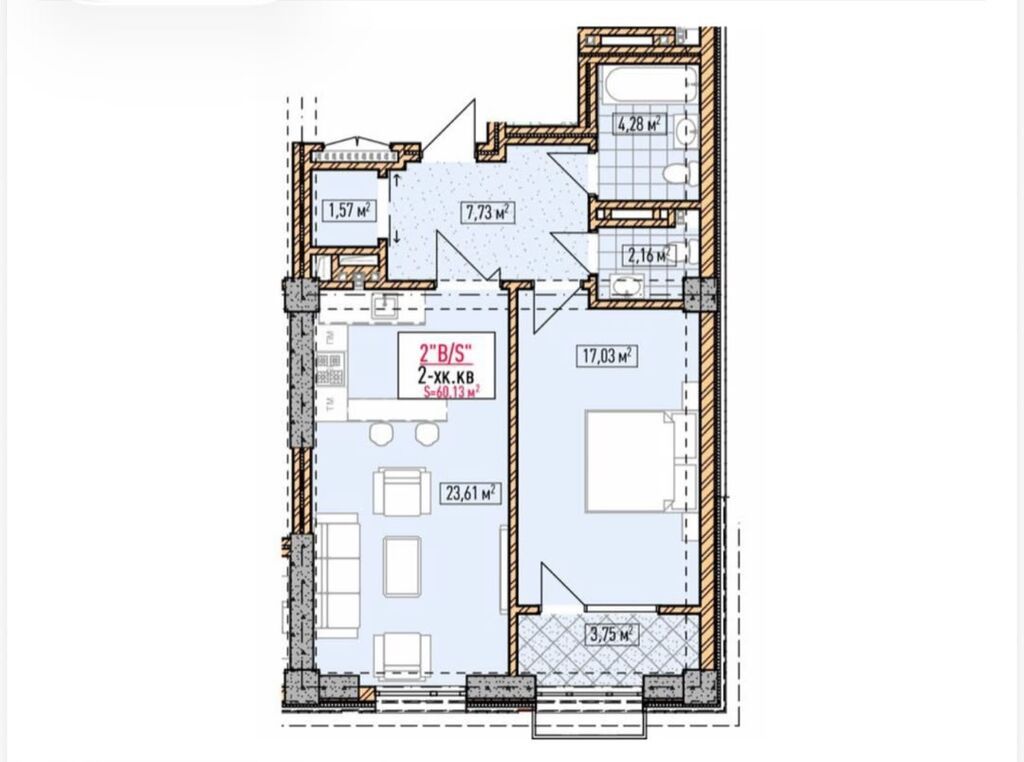 2 комнаты, 60 м², Асанбай мкр Элитка, 8 этаж, ПСО (под самоотделку): фото 4