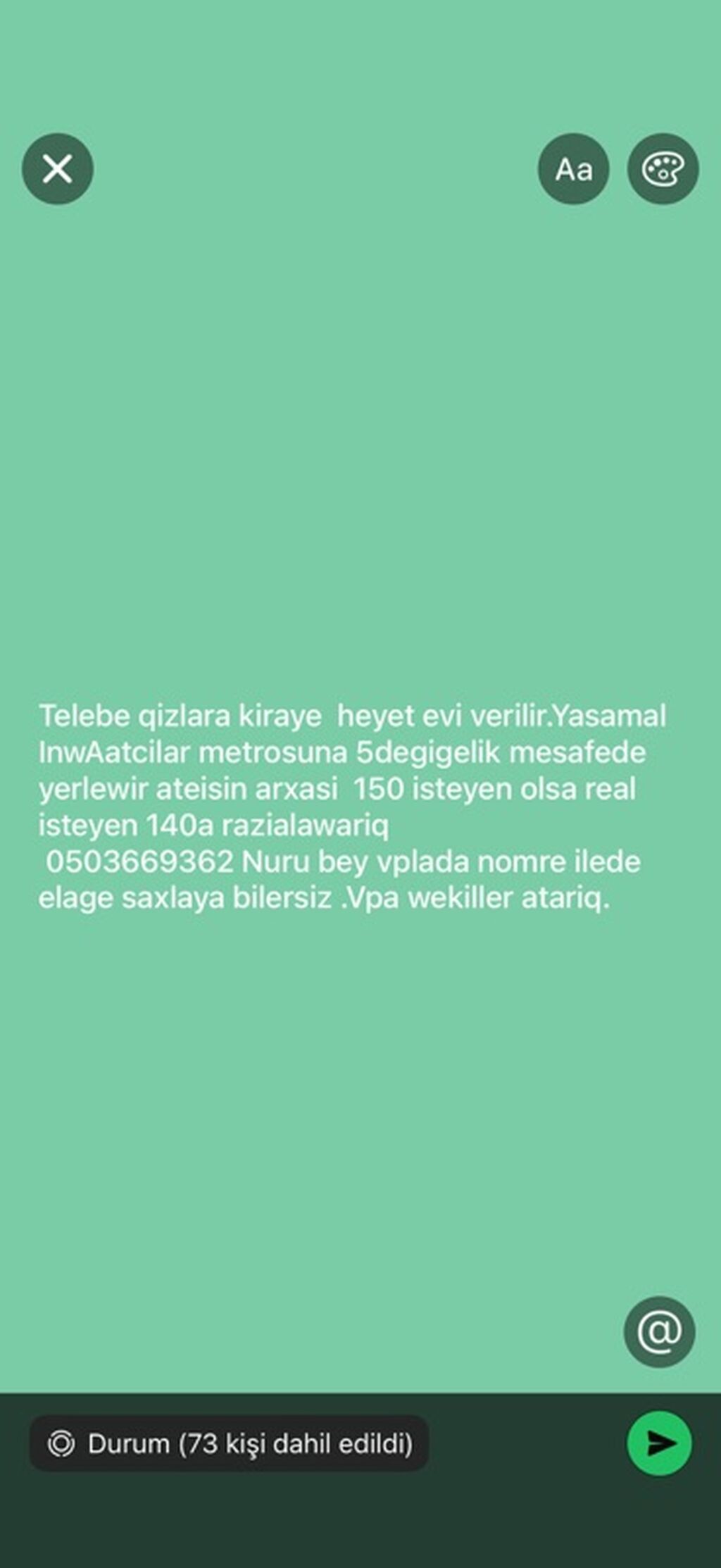 Tələbə qızlar üçün kirayə həyət evi. - Yer: Yasamal, İnşaatçılar