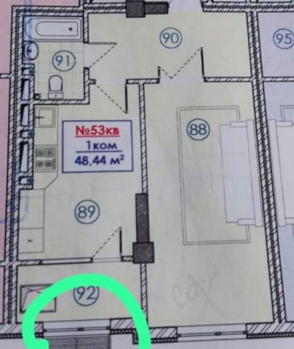 1 комната, 48 м², Тунгуч мкр Элитка, 8 этаж, ПСО (под самоотделку): фото 3