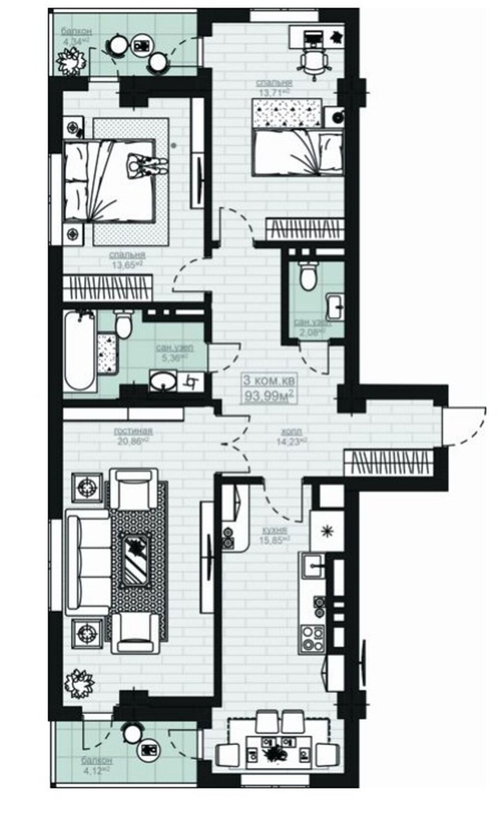 3 комнаты, 94 м², Асанбай мкр Элитка, 9 этаж, ПСО (под самоотделку): фото 3