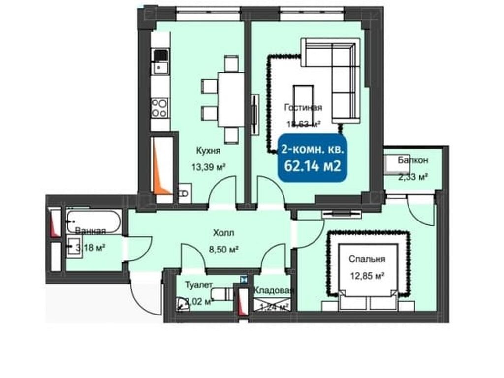2 комнаты, 62 м², Кок-Жар мкр Элитка, 7 этаж, ПСО (под самоотделку): фото 2
