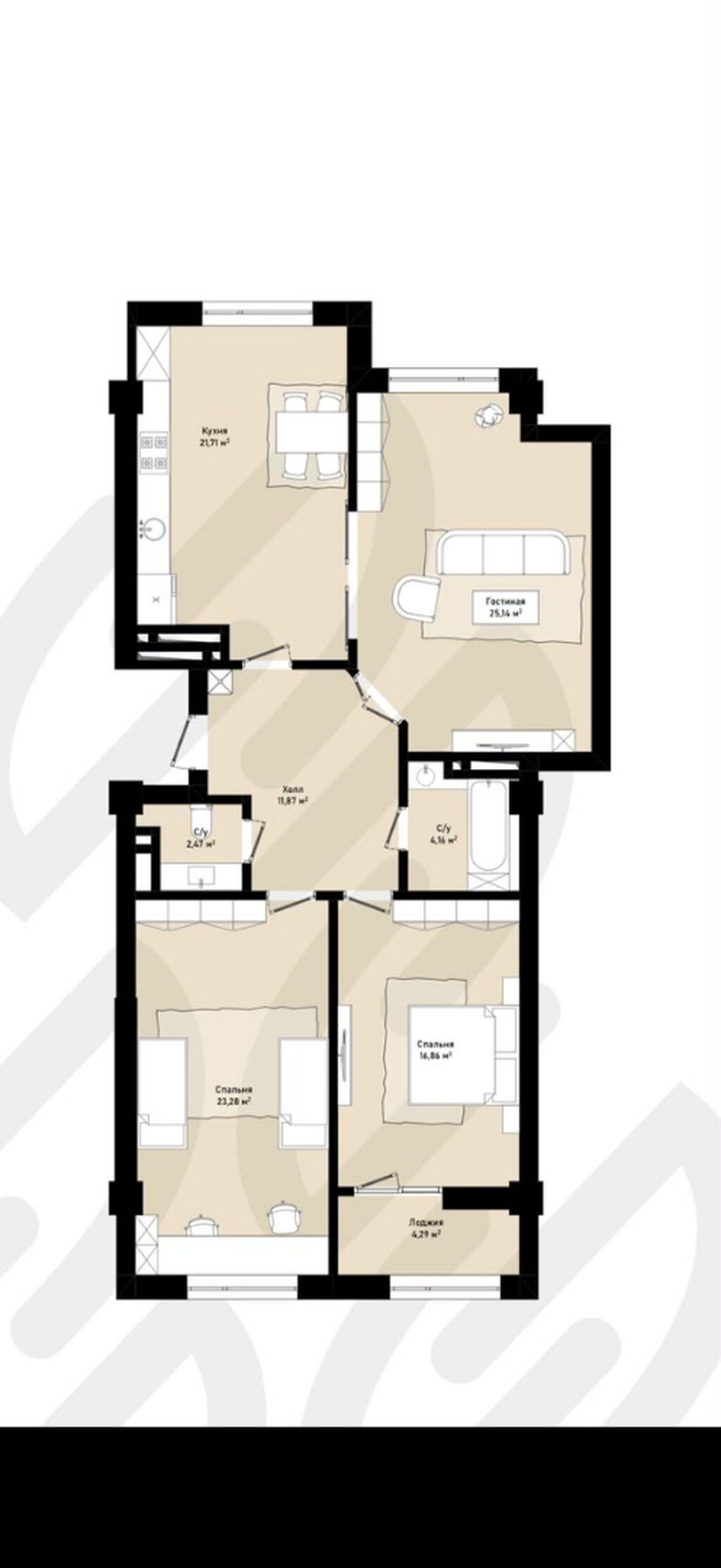 3 комнаты, 109 м², Асанбай мкр Элитка, 7 этаж, ПСО (под самоотделку): фото 2
