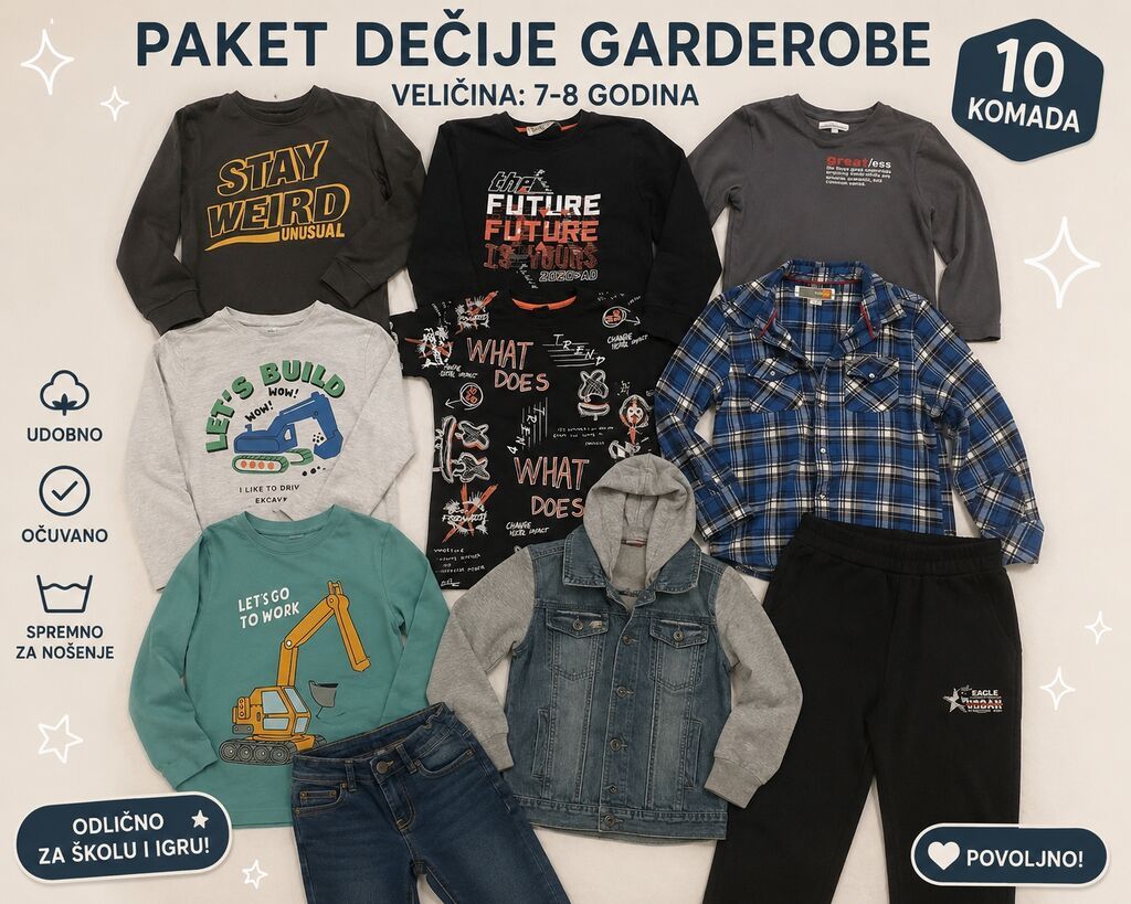 Paketi dečije odeće: Paket dečije garderobe – veličina 7–8 godina (122–128 cm) Sadržaj: -