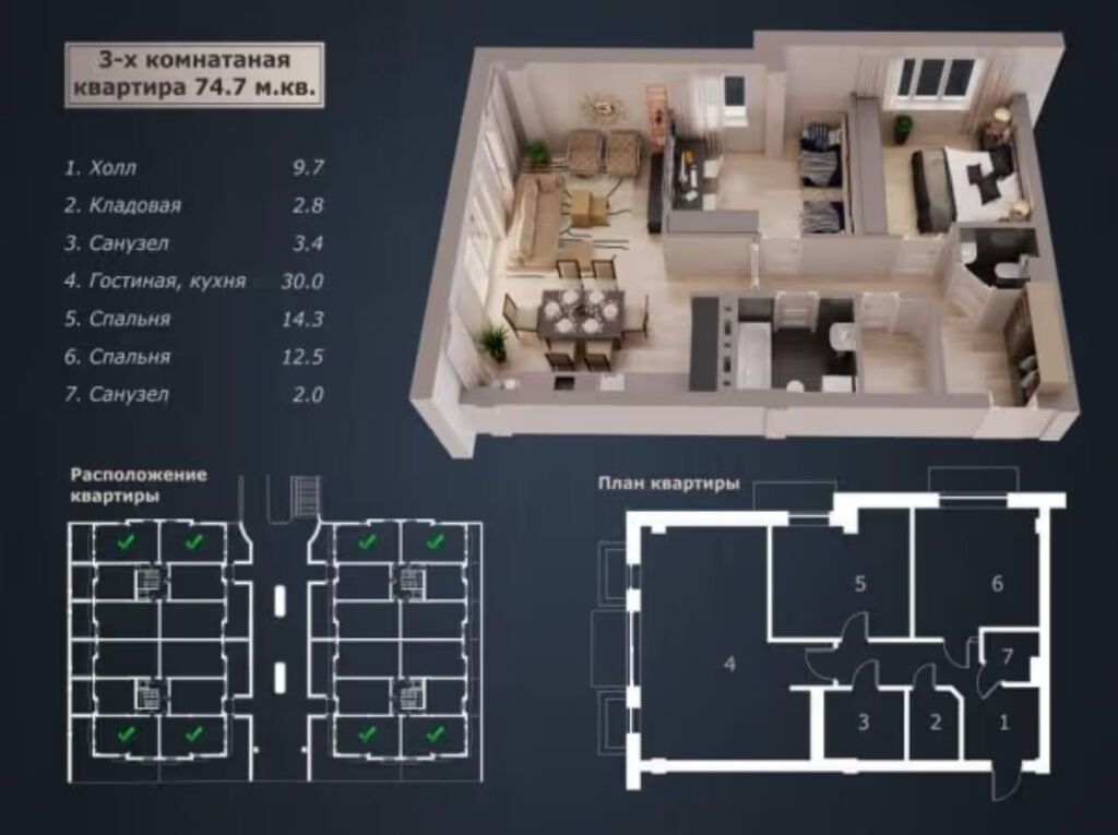 3 комнаты, 73 м², Аламедин-1 мкр Элитка, 6 этаж, ПСО (под самоотделку): фото 7