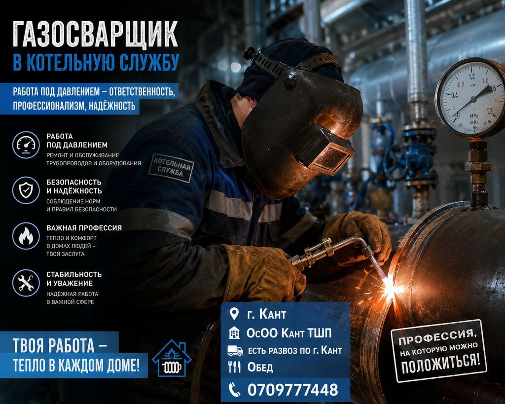 В г. Кант, ОсОО «Кант ТШП» газосварщик в котельную службу
