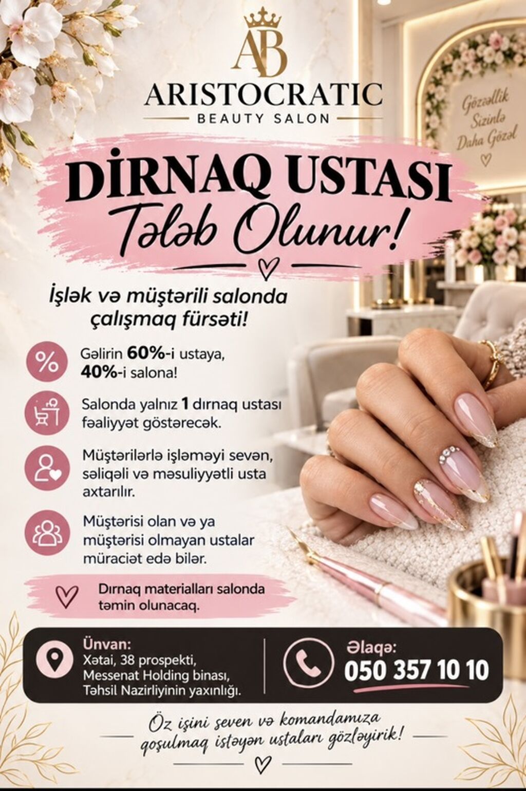 Dırnaq ustası tələb olunur, Yerin icarəsi, Materialların təqdim olunması