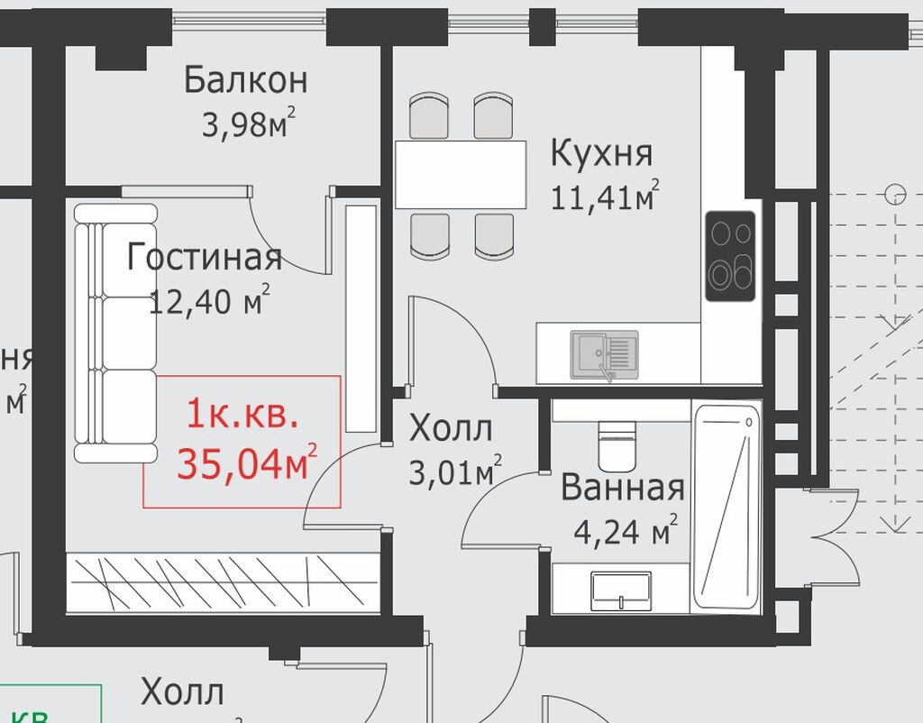 1 комната, 35 м², АУЦА Элитка, 5 этаж, ПСО (под самоотделку): фото 3