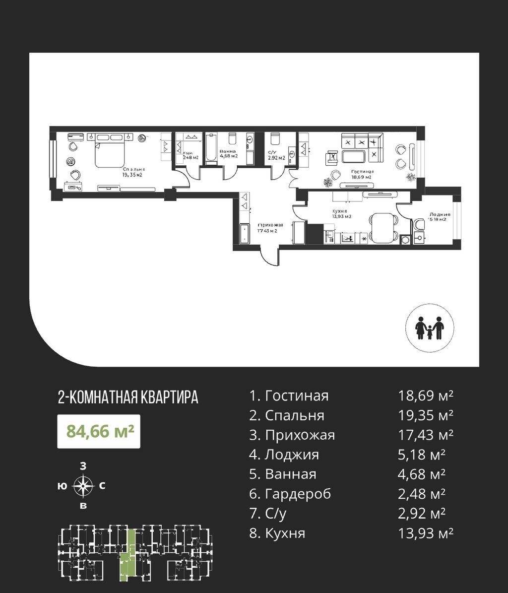 2 комнаты, 85 м², ул. Карла Маркса Элитка, 15 этаж, ПСО (под самоотделку): фото 2