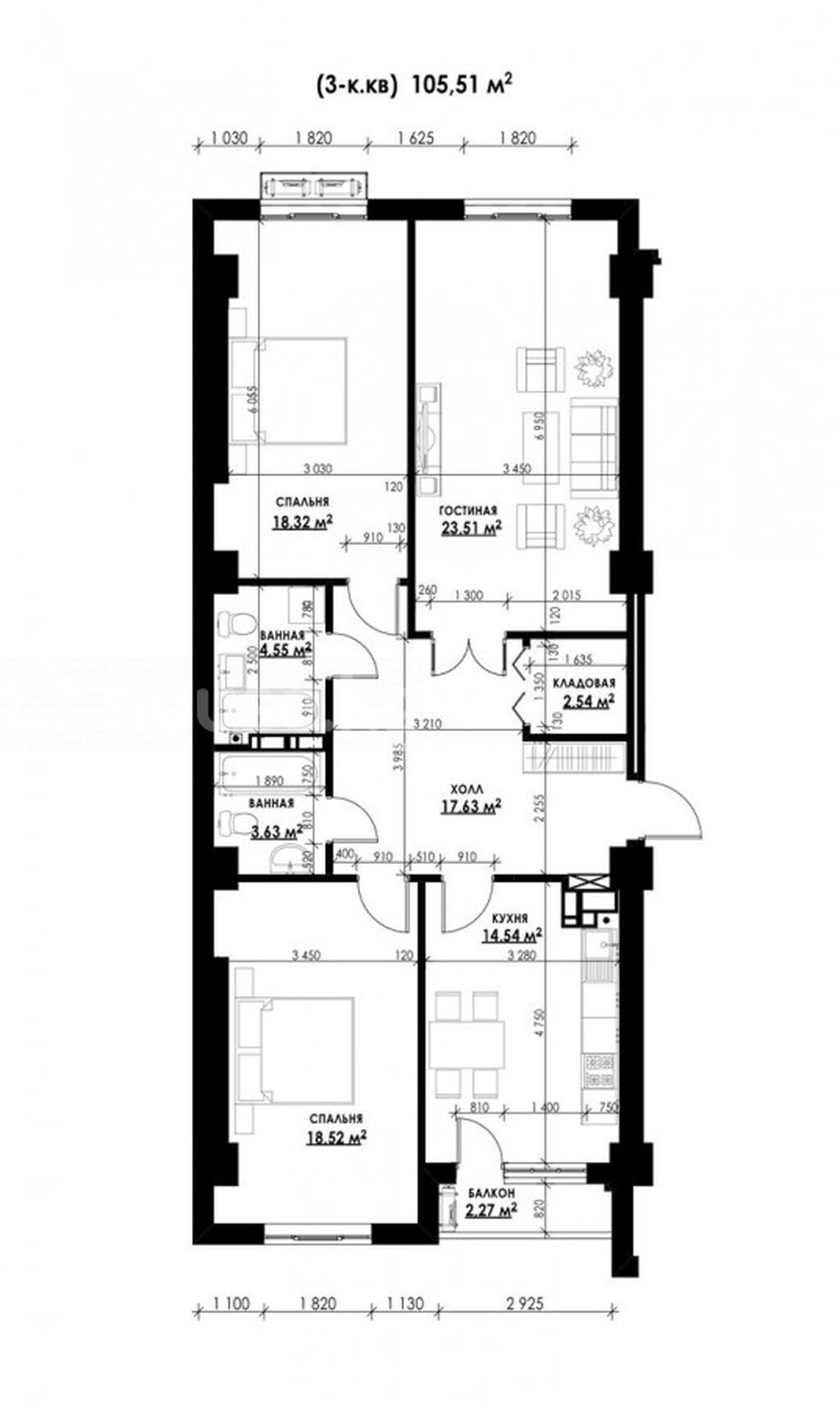 3 комнаты, 105 м², Асанбай мкр Элитка, 2 этаж, ПСО (под самоотделку): фото 3