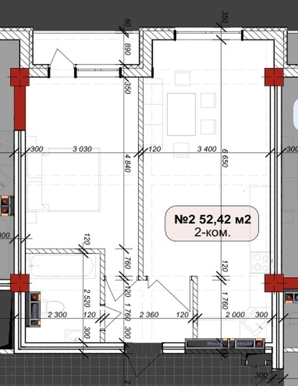 1 комната, 53 м², Нижний Джал (Джал-23) Элитка, 9 этаж, ПСО (под самоотделку): фото 2