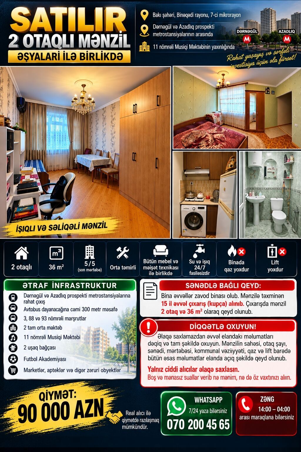 Bakı, 7-ci mikrorayon, 2 otaqlı, Köhnə tikili, m. Dərnəgül, 36 kv. m