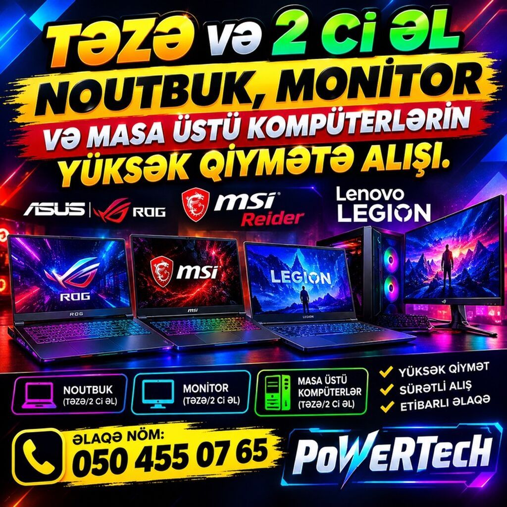 Təzə və 2-ci əl noutbuk, monitor və masaüstü kompüterlərin alışı