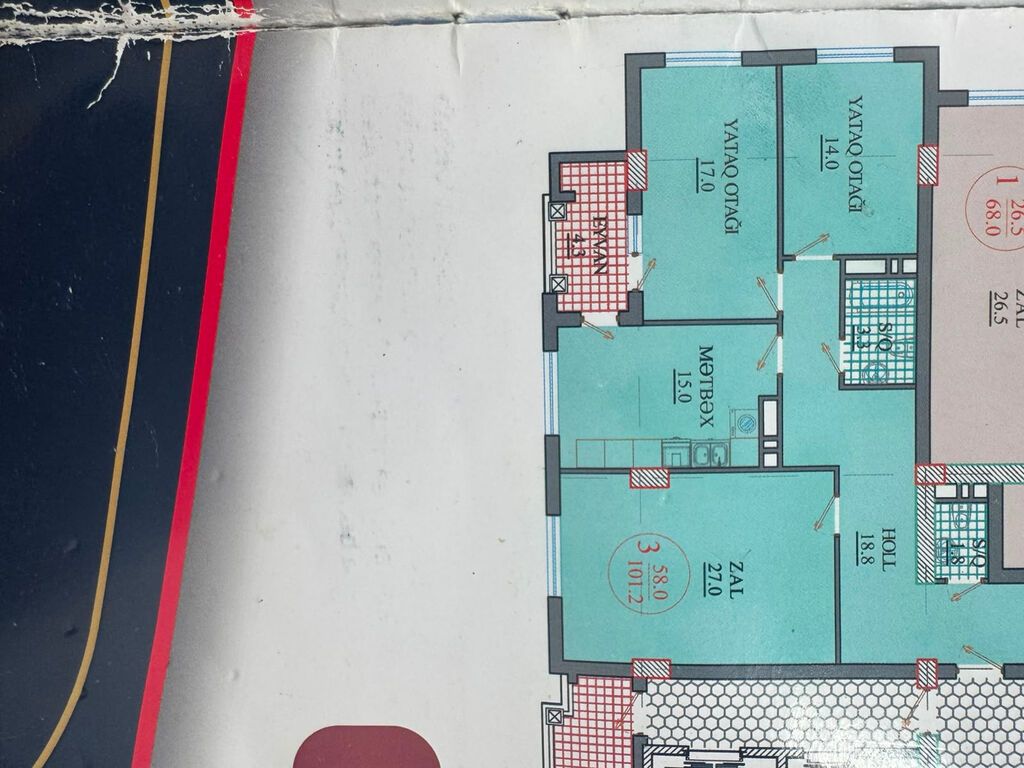 3 otaqlı, Yeni tikili, 101 kv. m