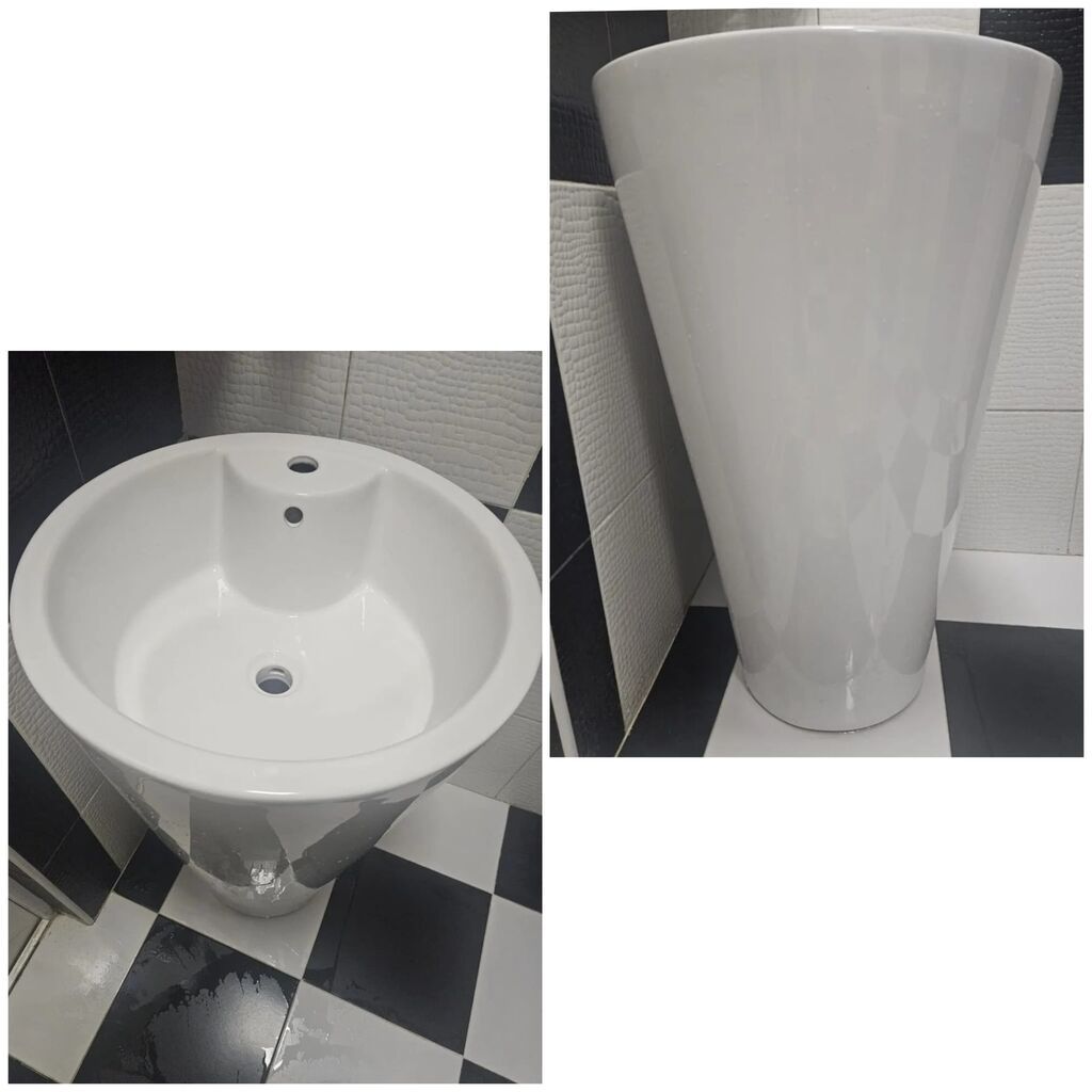 Ayaqüstü (floor-standing) keramik lavaboyla hamam və sanitar qovşaqlar