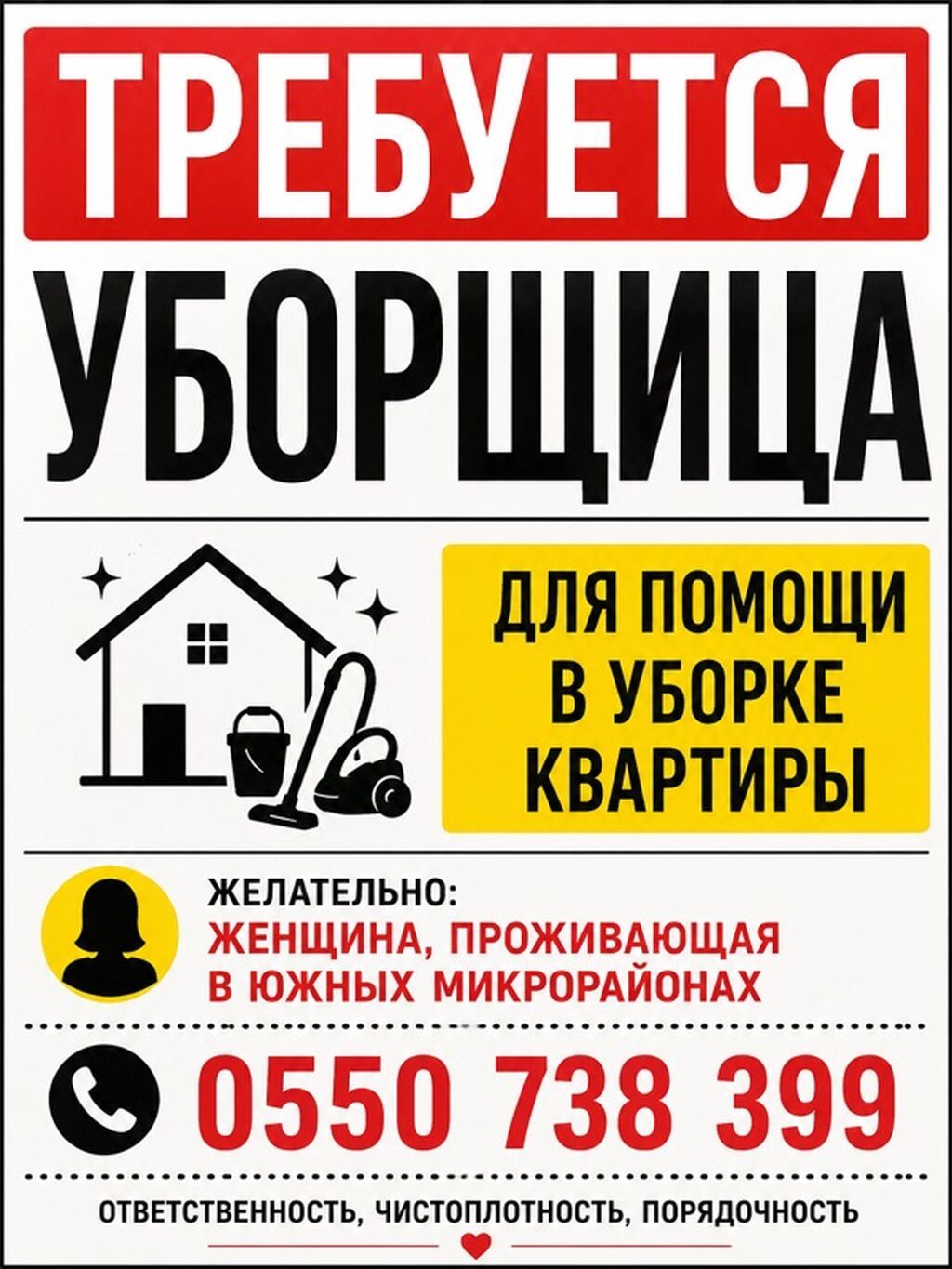 Требуется уборщица для квартиры
