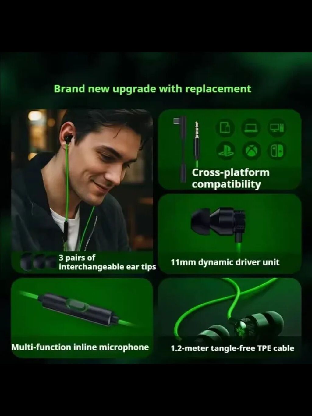 Проводные вкладыши наушники, Razer, Б/у, цвет - Зеленый: фото 2
