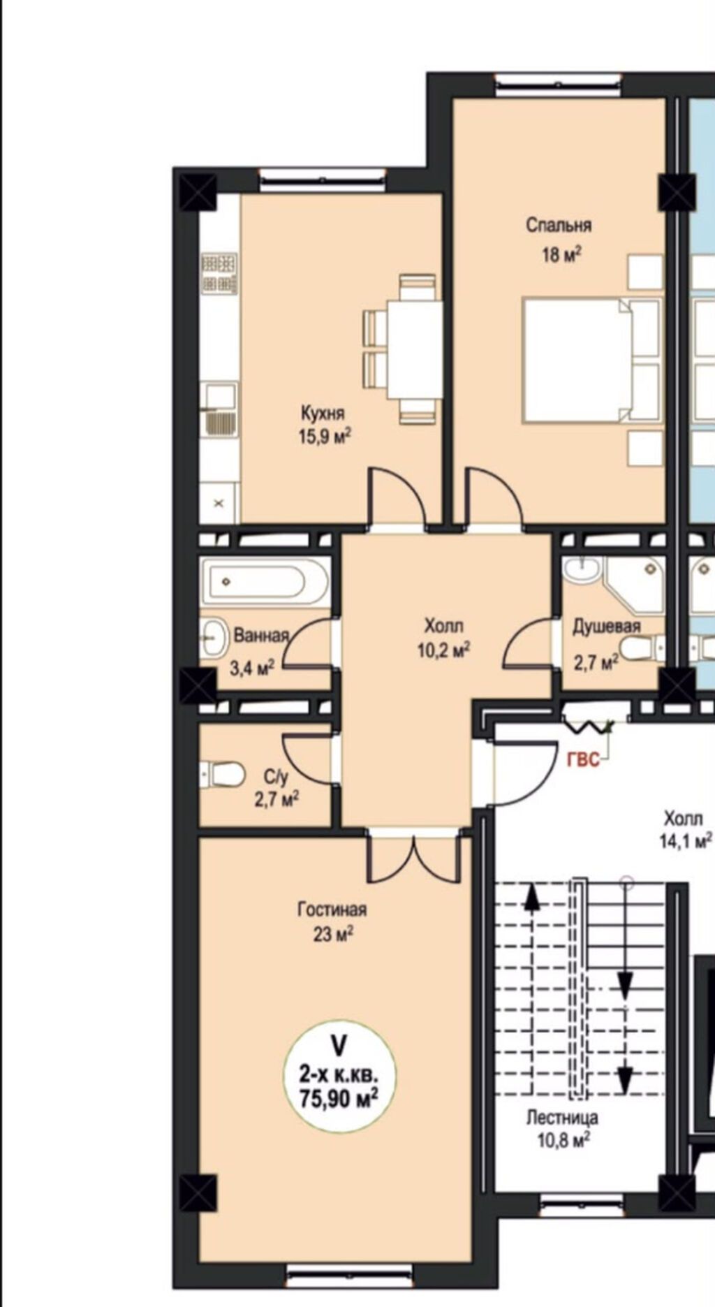 2 комнаты, 75 м², Селекционное с. Элитка, 6 этаж, ПСО (под самоотделку): фото 8