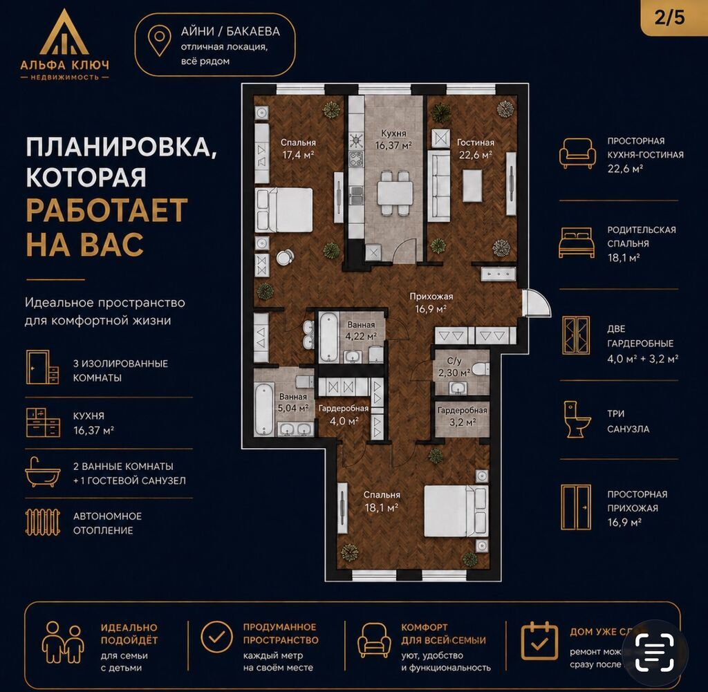 3 комнаты, 118 м², Азия Молл Элитка, 12 этаж, ПСО (под самоотделку): фото 5