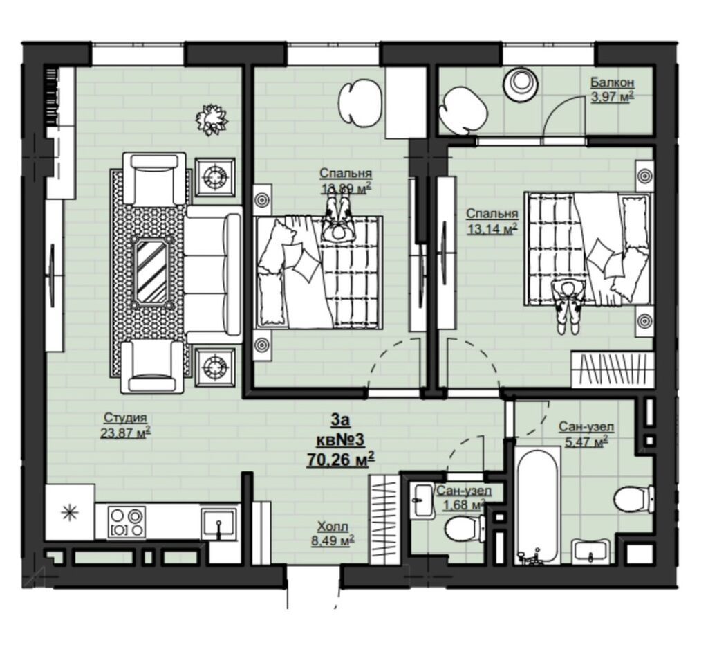 3 комнаты, 70 м², АУЦА Элитка, 5 этаж, ПСО (под самоотделку): фото 2