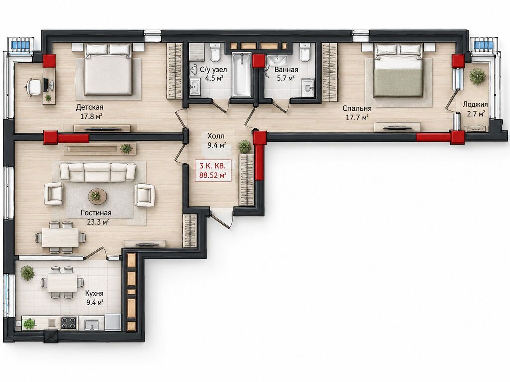 3 комнаты, 90 м², Ботанический сад Элитка, 2 этаж, ПСО (под самоотделку): фото 2