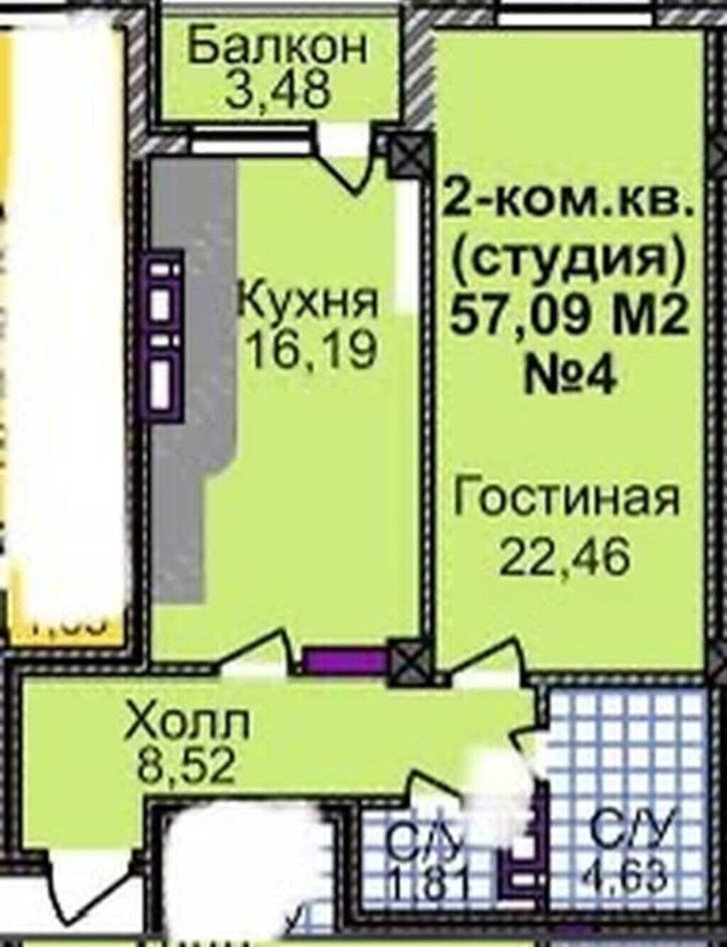 2 комнаты, 58 м², Технопарк Элитка, 9 этаж, ПСО (под самоотделку): фото 2