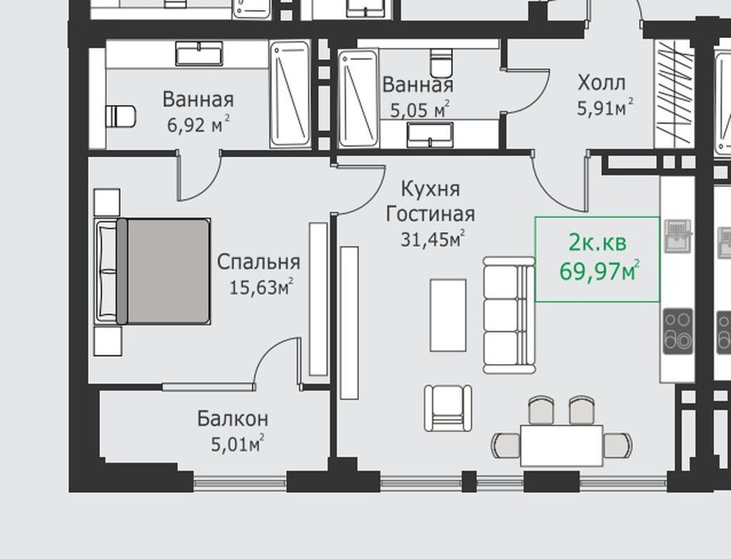 2 комнаты, 70 м², АУЦА Элитка, 9 этаж, ПСО (под самоотделку): фото 6