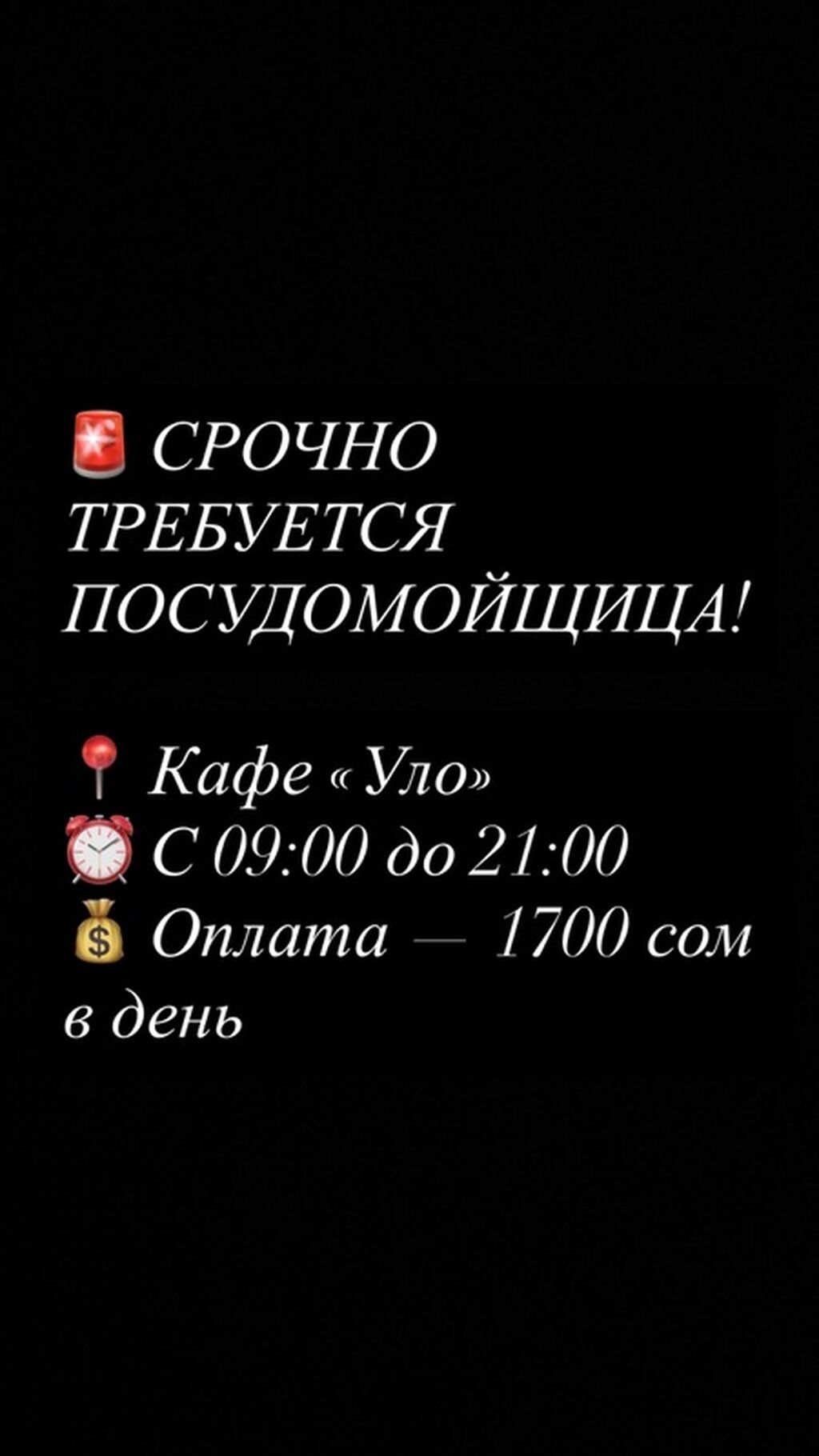 Требуется посудомойщик в кафе «Уло»