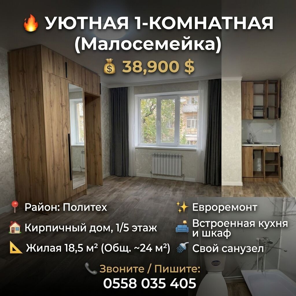 1 комната, 19 м², Индивидуалка, 1 этаж, Евроремонт