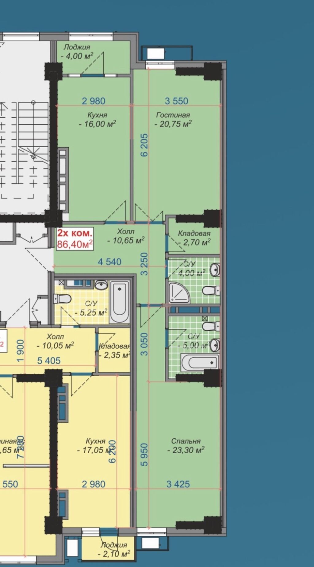 2 комнаты, 86 м², Асанбай мкр Элитка, 8 этаж, ПСО (под самоотделку): фото 3