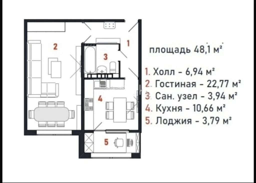 1 комната, 48 м², Церковь 7 этаж, ПСО (под самоотделку): фото 3
