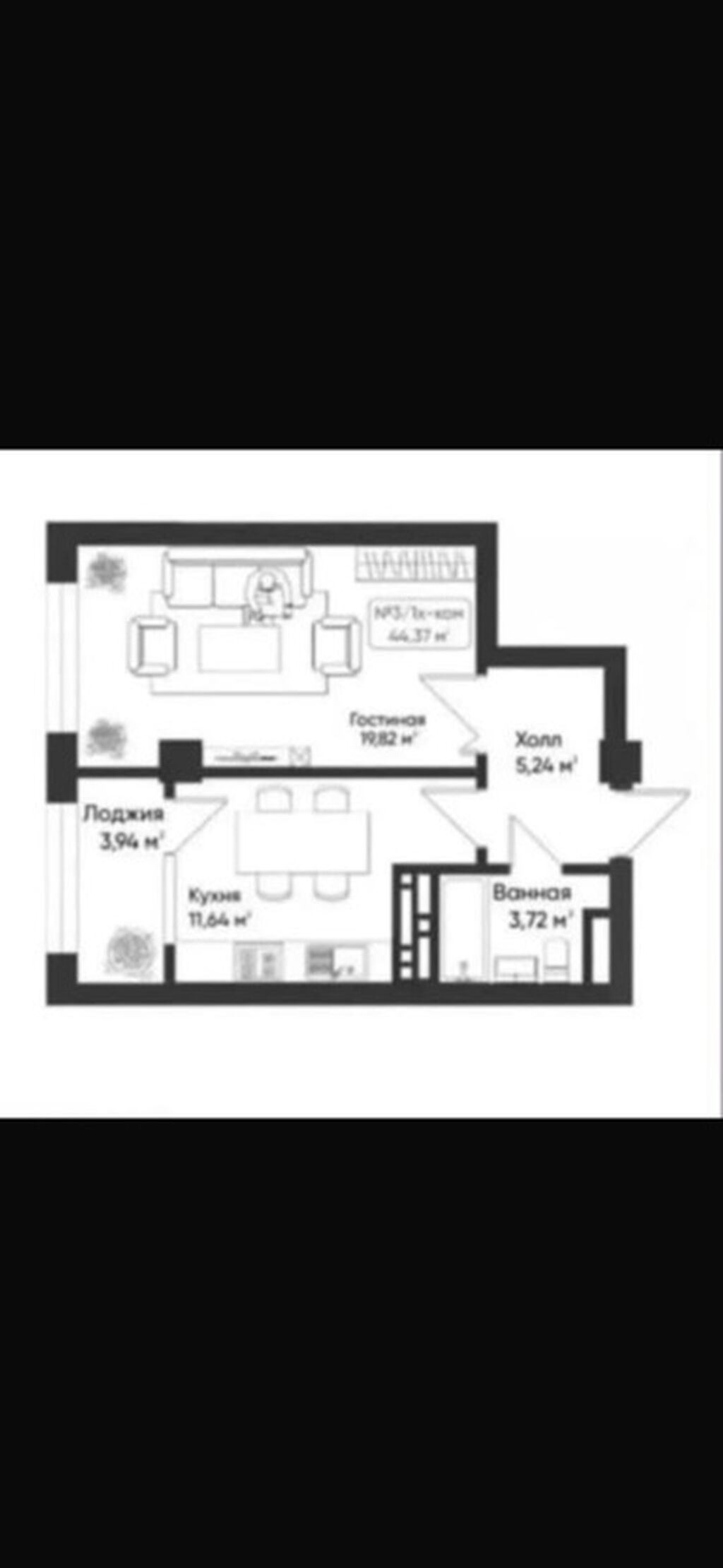 1 комната, 44 м², Тунгуч мкр Элитка, 3 этаж, ПСО (под самоотделку): фото 1