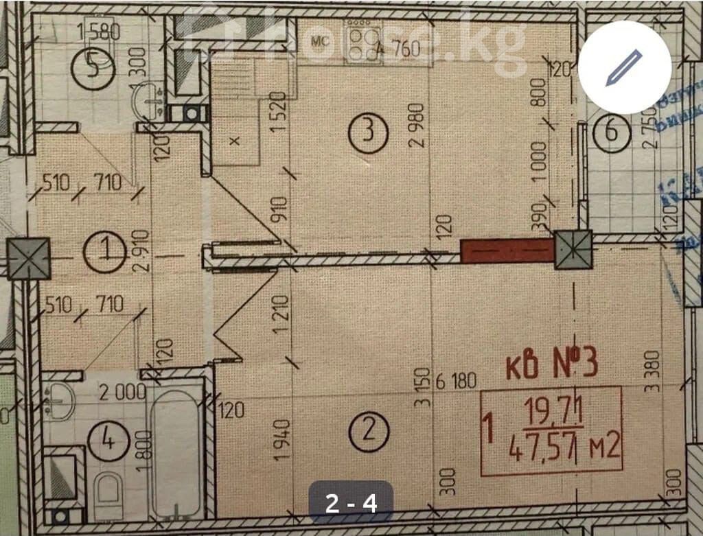 1 комната, 48 м², Джал мкр (в т.ч. Верхний, Нижний, Средний) Элитка, 2 этаж, ПСО (под самоотделку): фото 2