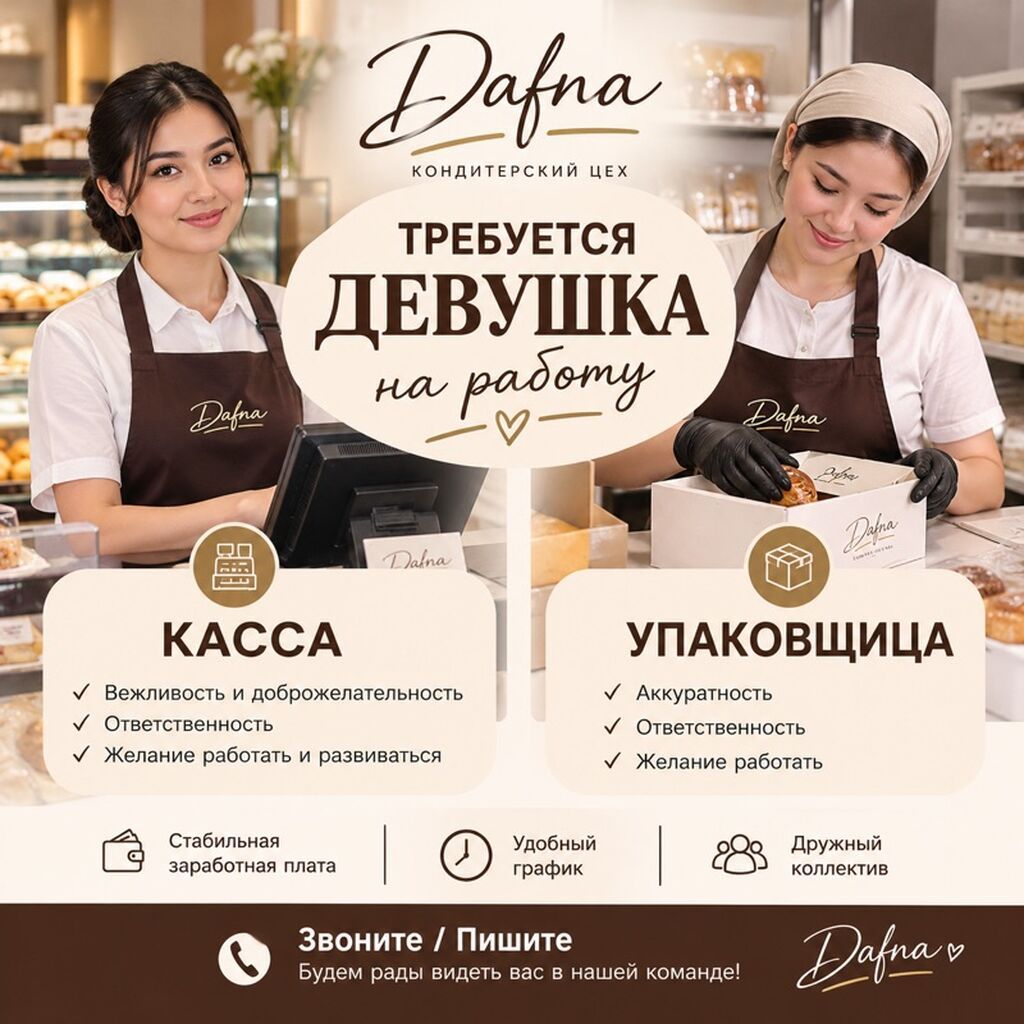 Вакансии в кондитерском цехе Dafna: кассир и упаковщица