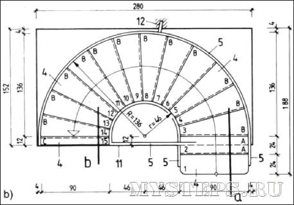 Чертеж полукруглой лестницы