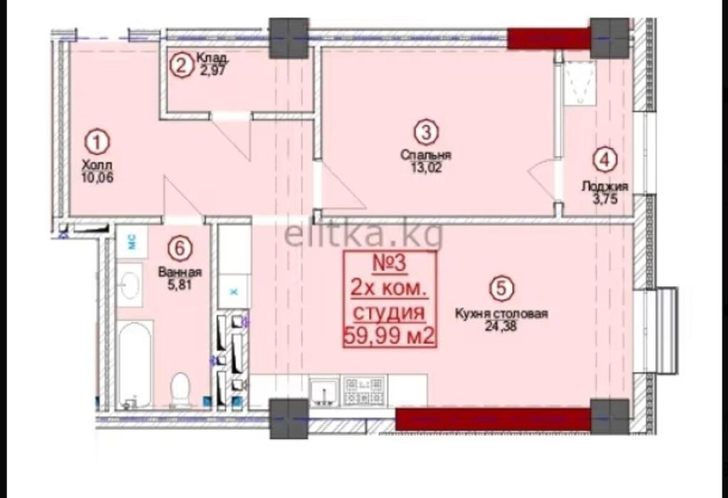 2 комнаты, 60 м², Ботанический сад Элитка, 3 этаж, ПСО (под самоотделку): фото 5