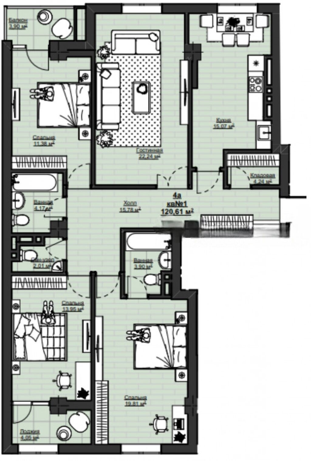4 комнаты, 121 м², Элитка, 2 этаж, ПСО (под самоотделку) — фото 5