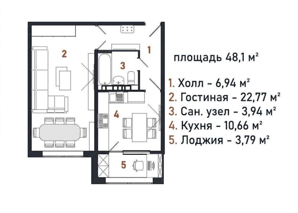 1 комната, 48 м², Церковь 7 этаж, ПСО (под самоотделку): фото 3