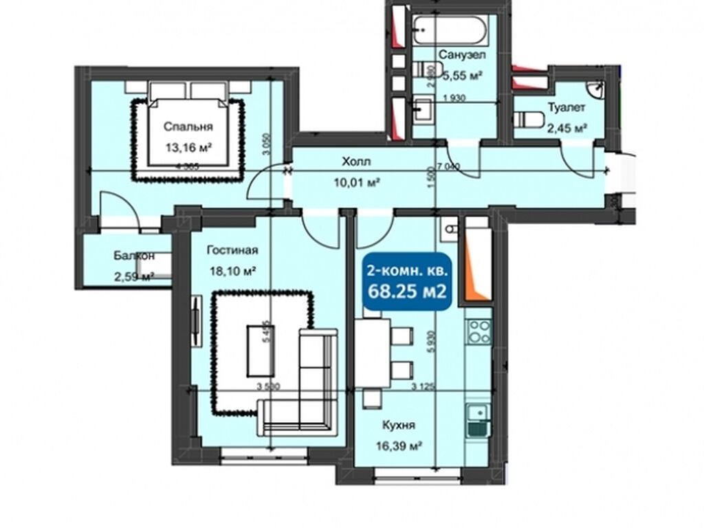2 комнаты, 68 м², Южная Магистраль Элитка, 3 этаж, ПСО (под самоотделку): фото 3