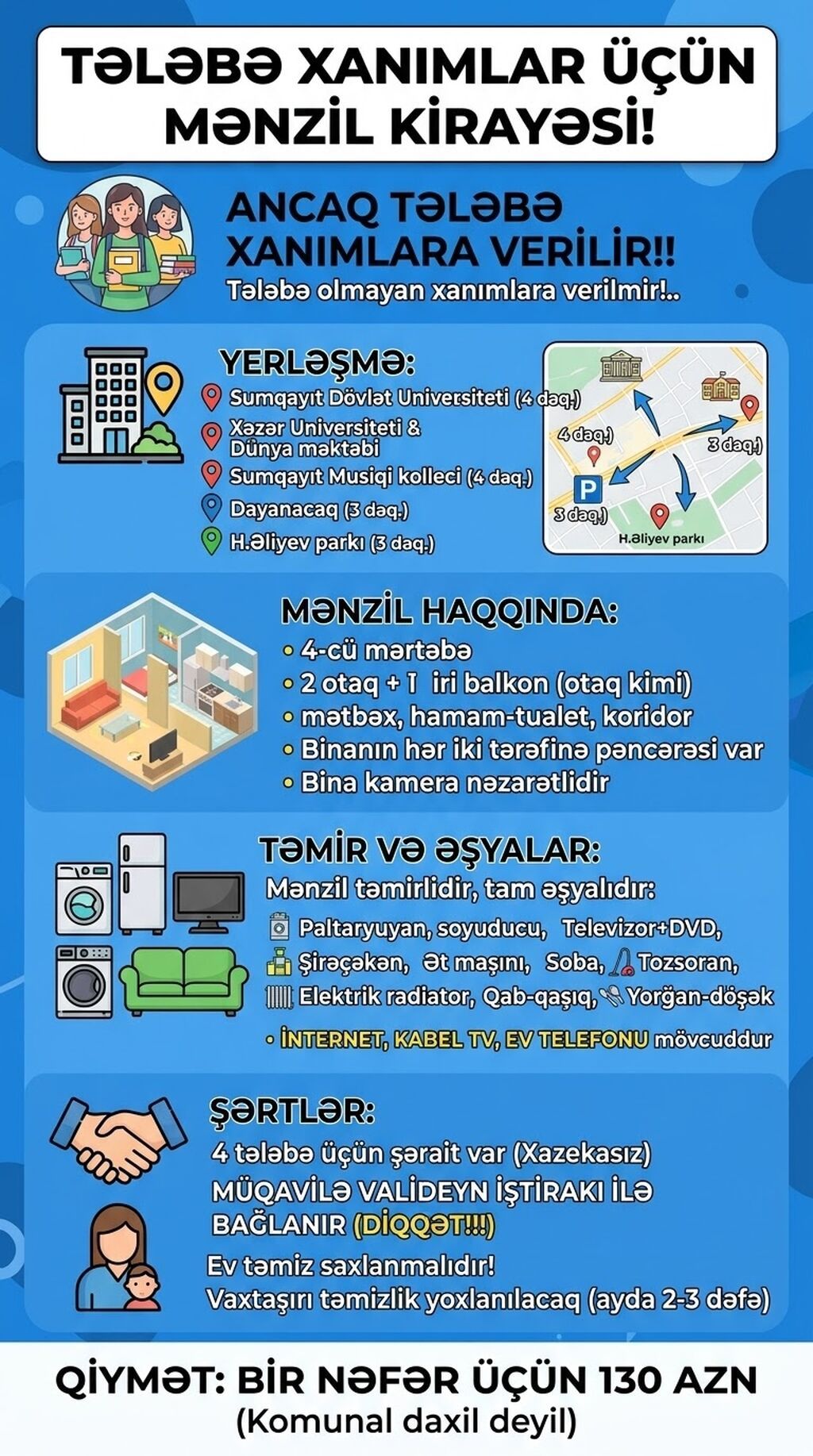 Tələbə xanımlar üçün kirayə mənzil Yerləşmə: - Sumqayıt Dövlət