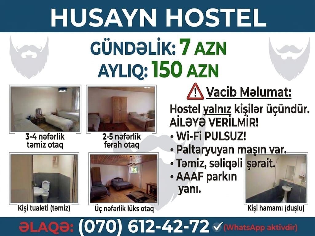 HUSAYN HOSTEL – Xırdalan - Gündəlik: 7 AZN - 10 günlük: 60 AZN -