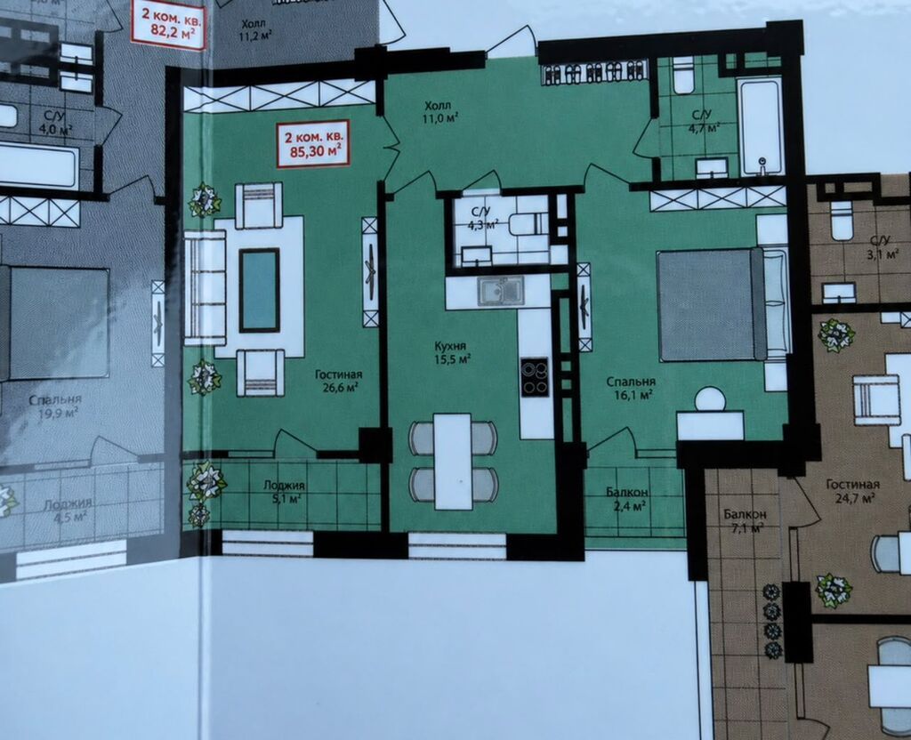 2 комнаты, 85 м², Ала-Арча ТРЦ Элитка, 13 этаж, ПСО (под самоотделку): фото 7