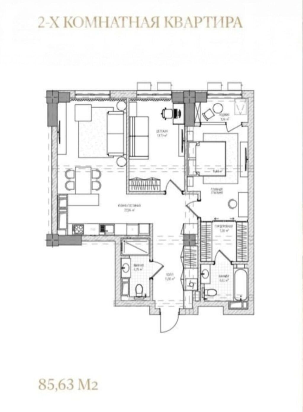 2 комнаты, 86 м², Асанбай мкр Элитка, 7 этаж, ПСО (под самоотделку): фото 8