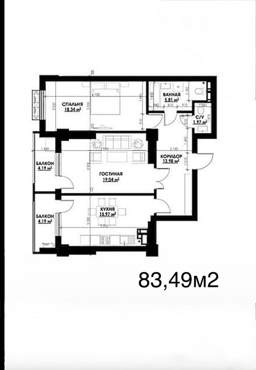 2 комнаты, 83 м², 10 мкр Элитка, 15 этаж, ПСО (под самоотделку): фото 2