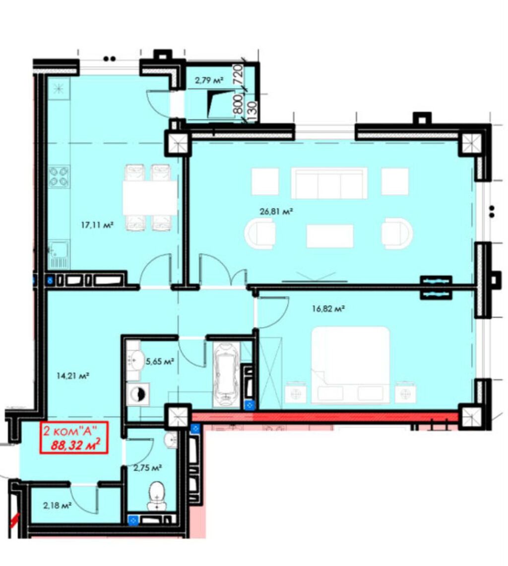 2 комнаты, 88 м², Асанбай мкр Элитка, 17 этаж
