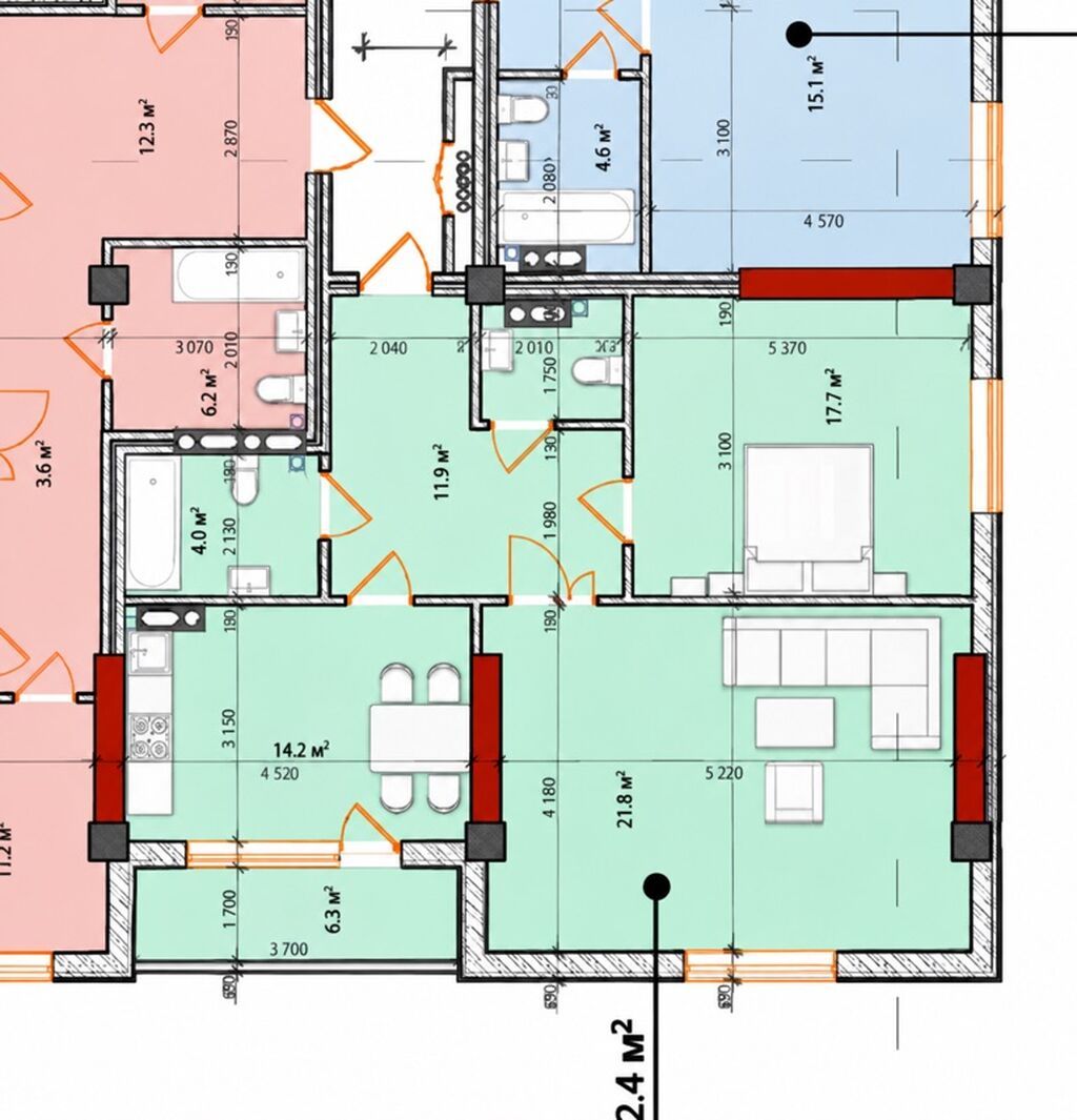2 комнаты, 84 м², Цум Элитка, 12 этаж, ПСО (под самоотделку): фото 3