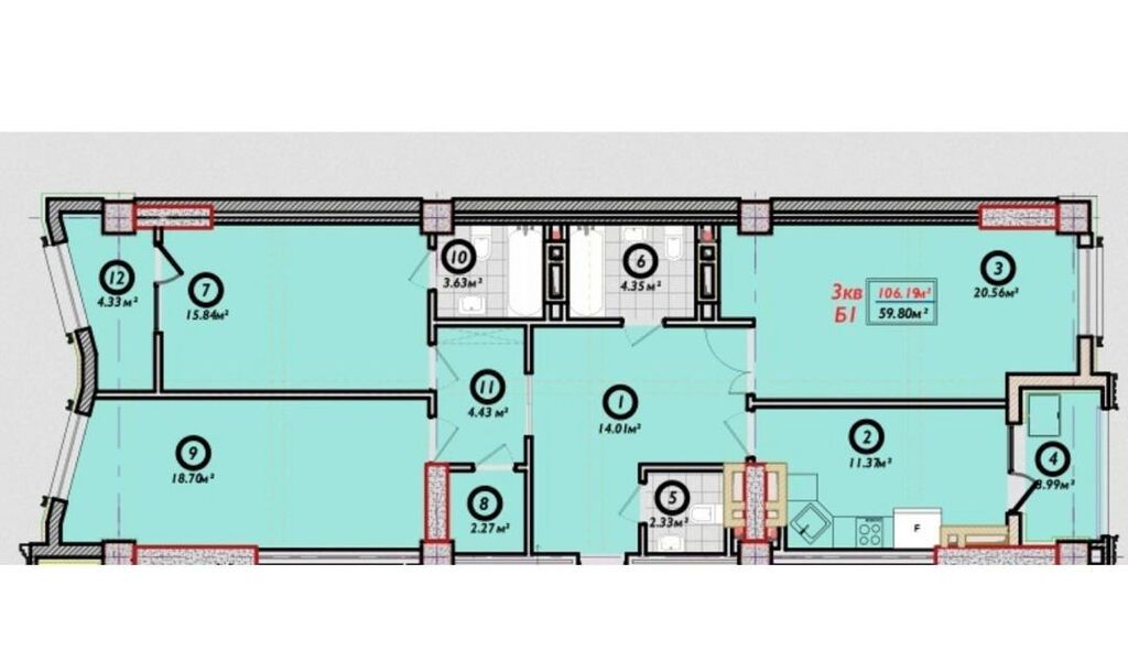 3 комнаты, 106 м², Асанбай мкр Элитка, 12 этаж, ПСО (под самоотделку): фото 3
