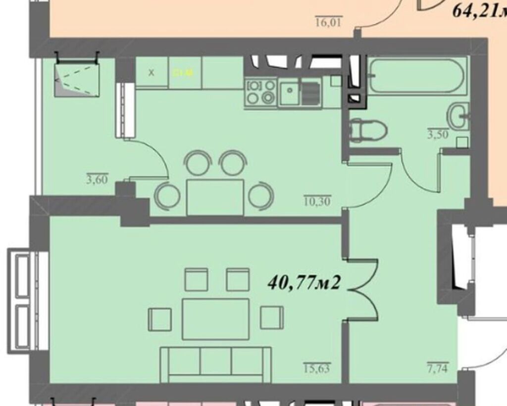 1 комната, 40 м², Элитка, 8 этаж, ПСО (под самоотделку): фото 3